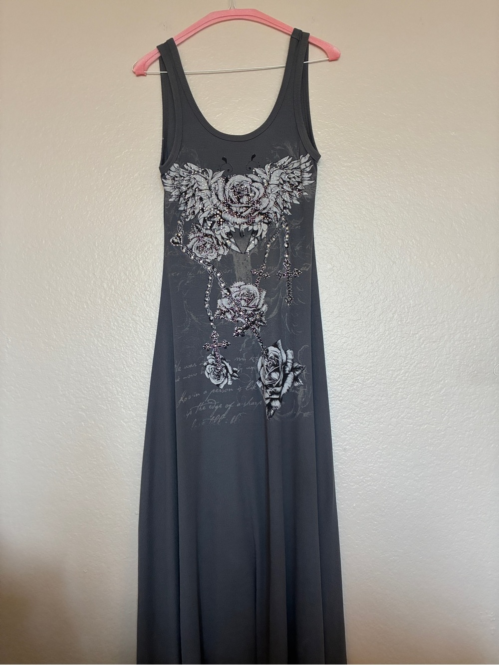Active Street Couture From Los Angelos Grey Tank Maxi Dress Y2K USA Jewels Roses